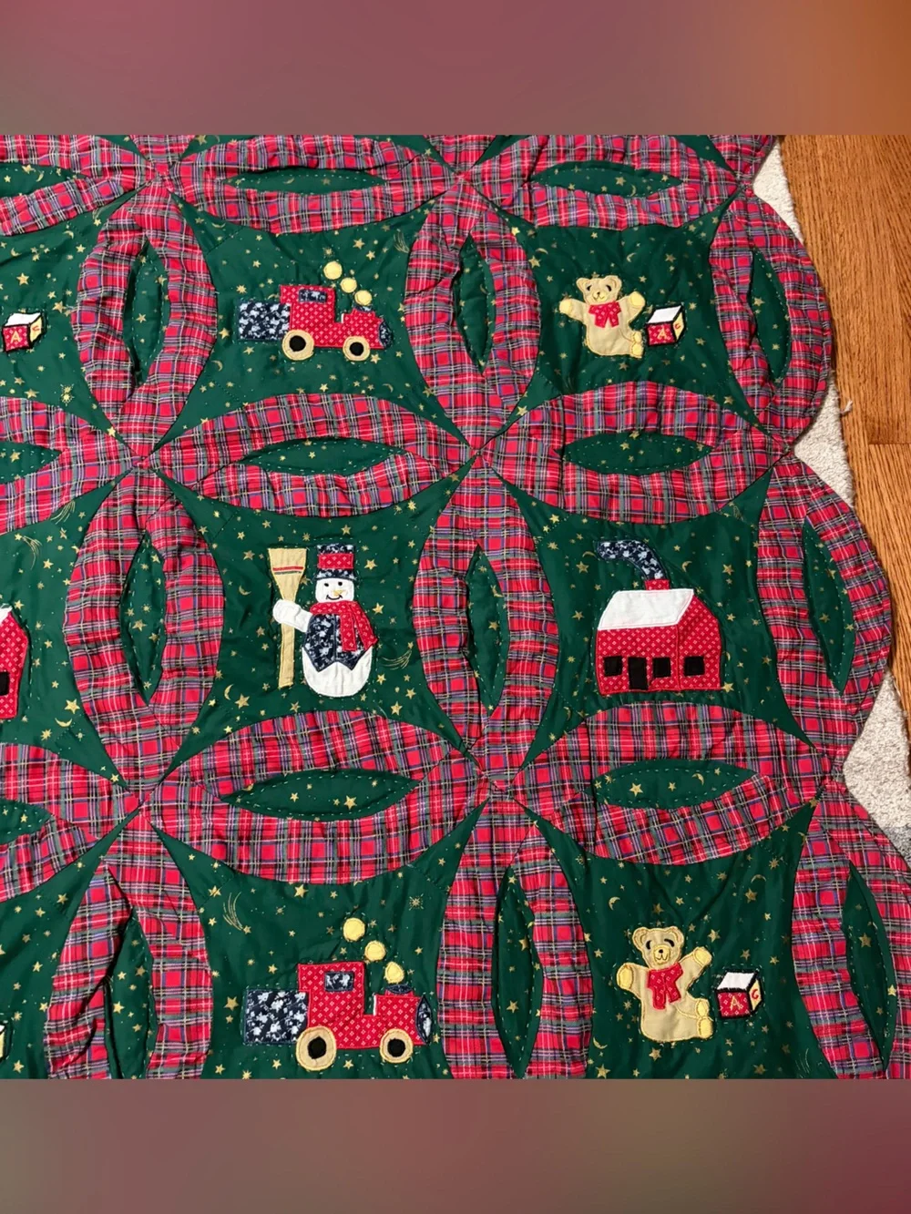 Vtg Hand-Sewn Christmas Quilt Double Wedding Ring Red Green Snowman Train 62x49